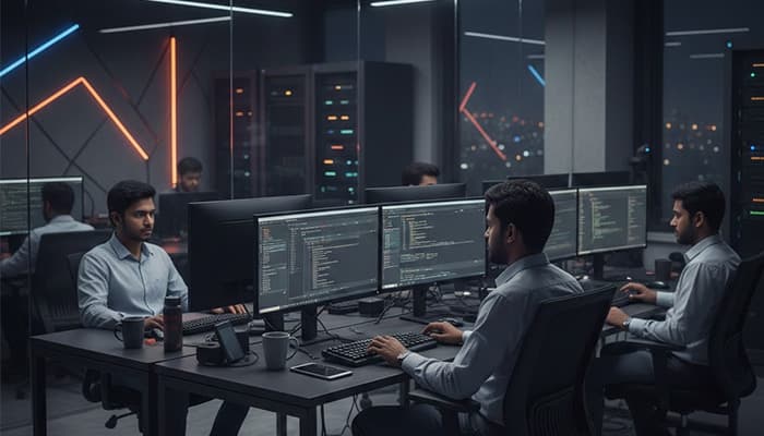 Professional team collaborating on software development